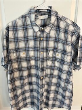 Lucky Brand White, Blue and Black Plaid Short-Sleeve Button-Down Shirt